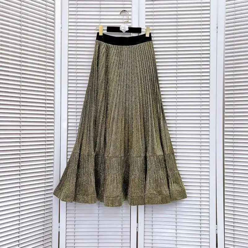 HKSH Letnia Nowa Damska Modna Elegancka Uliczna Elastyczna Spódnica Plisowana z Błyszczącym Designem Luksusowa Codzienna Moda Trapezowa Długa Spódnica HK7597