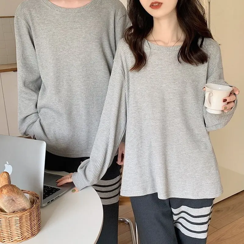 Striped Waffle Lovers Pyjamas Set Couple Top 2024 Round Neck Women Sleepwear Men Casual Simplicity Long Sleeve Home Suit