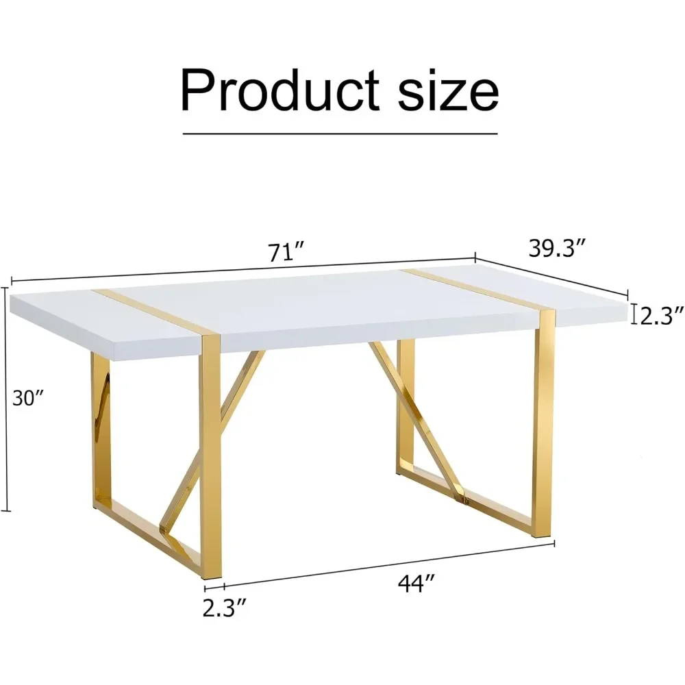 White Dining Table,Ebullient 71“  Modern Dining Room Table for 6-8, Kitchen Table with MDF Top and Gold Stainless Steels Legs