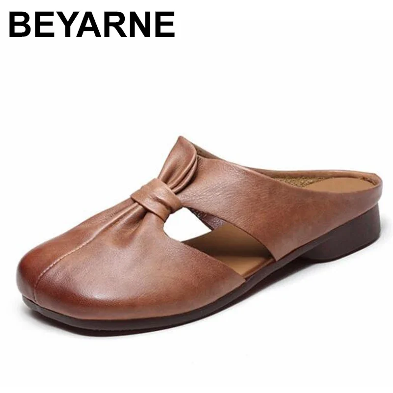 BEYARNE  summer shoes women bow tie slipper round toe genuine leather lace-up Retro style soft sole size35-40