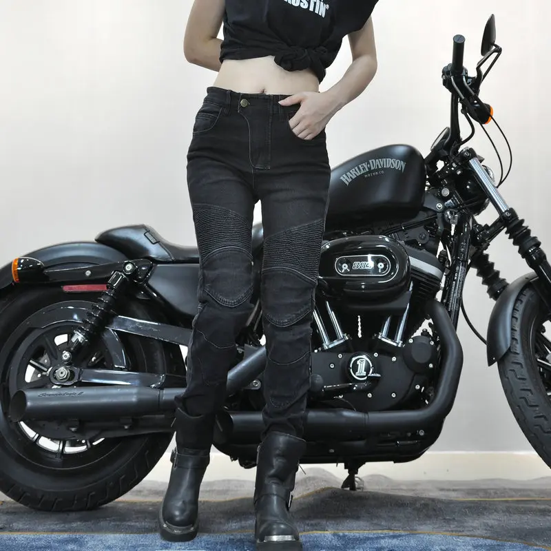 

VOLERO Women's Protective Motorcycle Riding Jeans, Retro Stretch Casual Anti-Fall Motorbike Biker Trousers