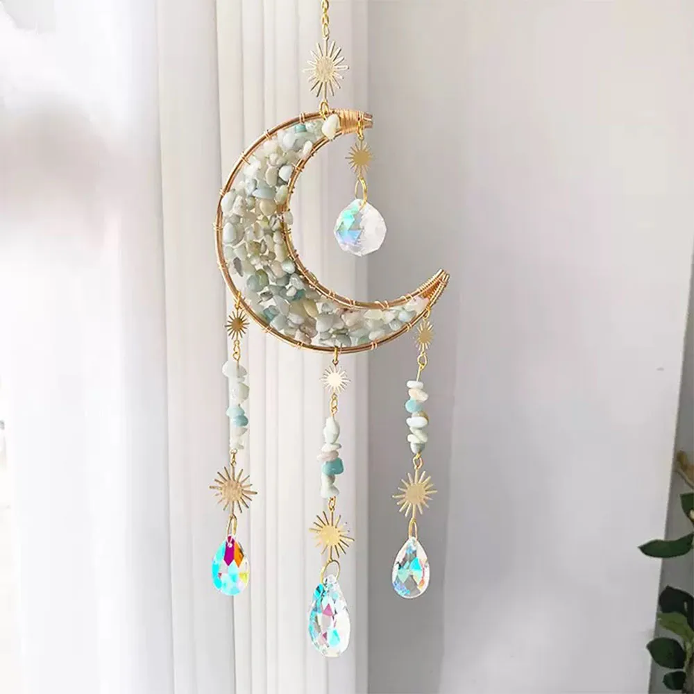 Custom Amazonite Moon Sun Catcher Wind Chime - Crystal Hanging Ornament for Window Home Decor & Gift