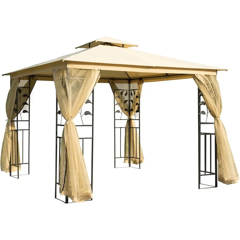 10' x 10' Metal Patio Gazebo, Double Roof Outdoor Gazebo Canopy Shelter with Tree Motifs Corner Frame and Netting, Beige