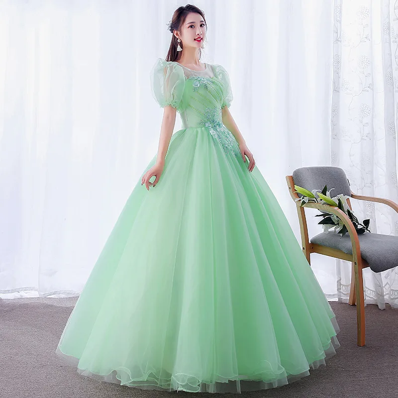 Vestidos De Quinceañera verde menta, manga corta hinchada, 15 Vestidos dulces, apliques De cuentas De flores, Vestidos De baile De Quinceañera