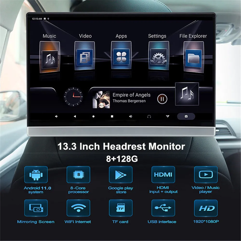 

13,3 монитор для автомобильного телевизора, 11,0 Android, 4K + 8 + 128G, Wi-Fi, Bluetooth, USB, SD, HDMI вход + выход, FM, с сенсорным экраном, 1080P