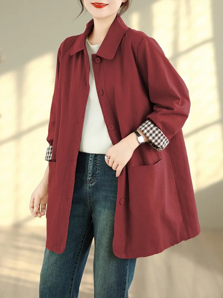 Pure Cotton  Collar Long Sleeve Women's Jacket Coat Medium Length Autumn Fashion Big Size Workwear Cardigan Top