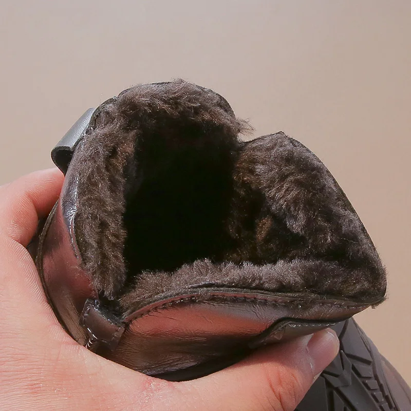 Boys Snow Boots Winter New Khaki Padded Thickened Warm Kids Cotton Shoes Black Leather Non-slip Children's Big Cotton Boots