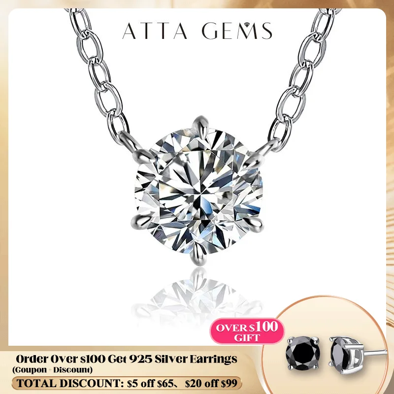 ATTAGEMS 925 Silver Necklace Pendant Round Cut 1.0ct D Color White Moissanite Pass Diamond Test for Women Elegant Necklace