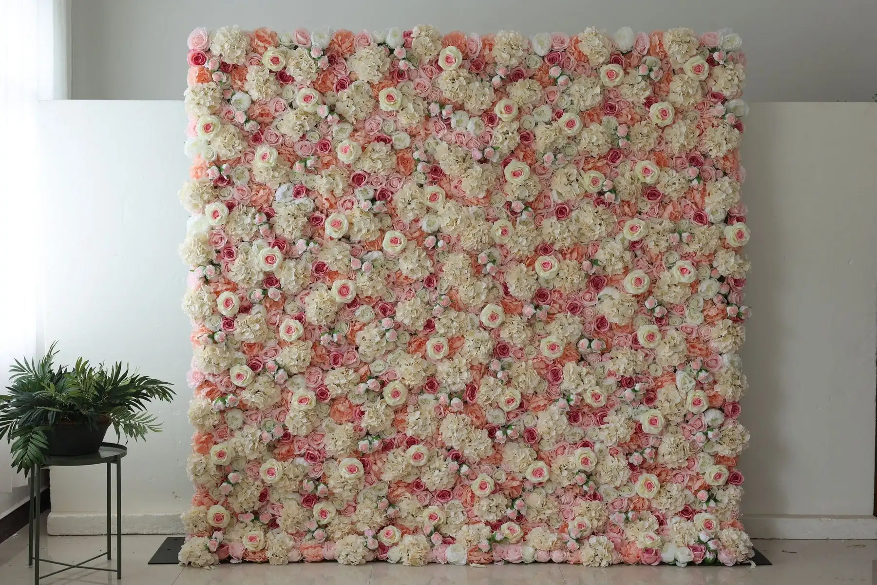 

Champagne hydrangea Pink Rose Deluxe Edition flower wall 3D Roll Up Curtain Cloth Flower Wall Outdoor Wedding Backdrop