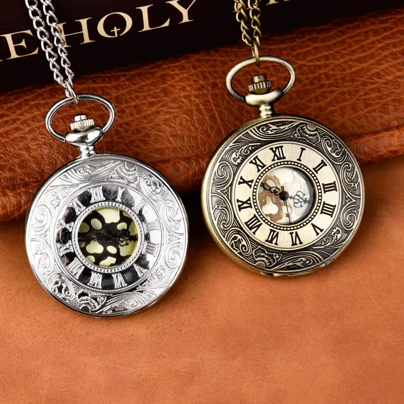 Retro gold face gold flip watch large classical hollow-out Roman scale pocket watch quartz watch