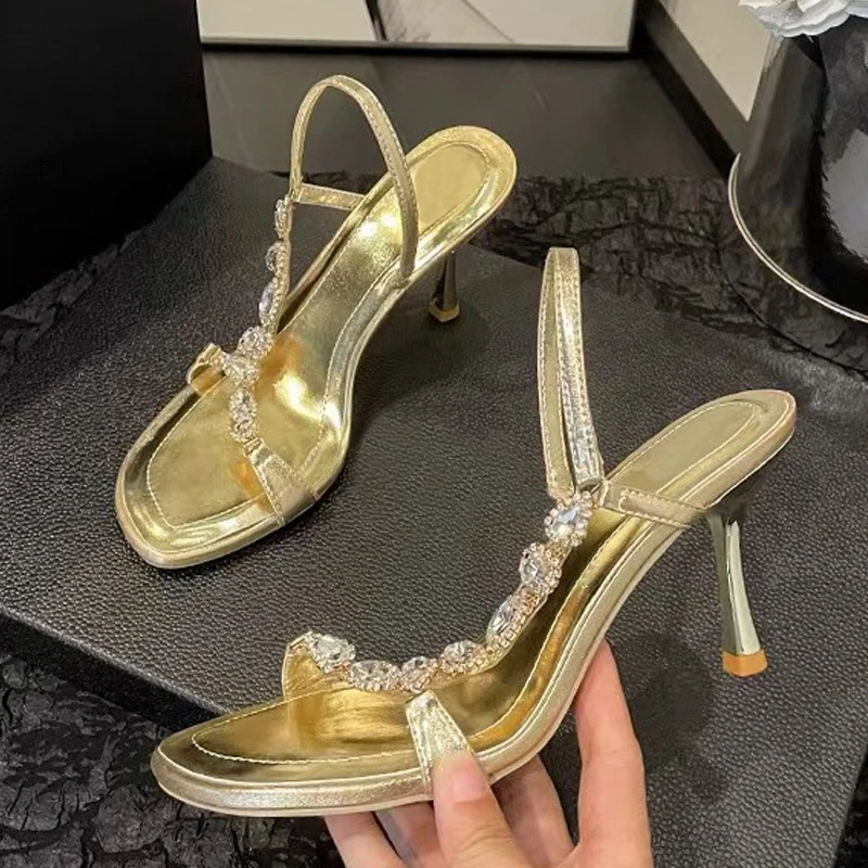 

Liyke High Quality Crystal Diamond Square Toe Gladiator Sandals Women Elegant Party Wedding Shoes Rhinestone Heels Gold Sandal