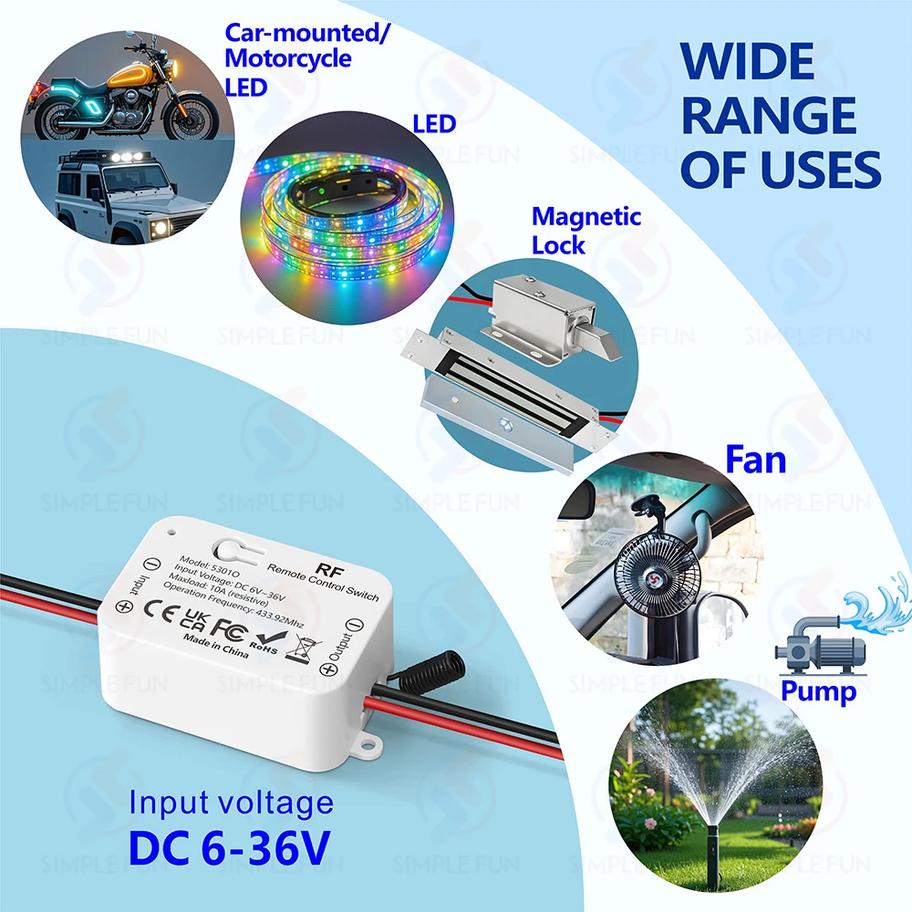 RF 433 ميجا هرتز لاسلكي للتحكم عن بعد مفتاح الإضاءة تيار مستمر 6 فولت 12 فولت 24 فولت 36 فولت 10A مرحل جديد صغير مستدير عن بعد ، لمروحة مضخة LED قفل مغناطيسي