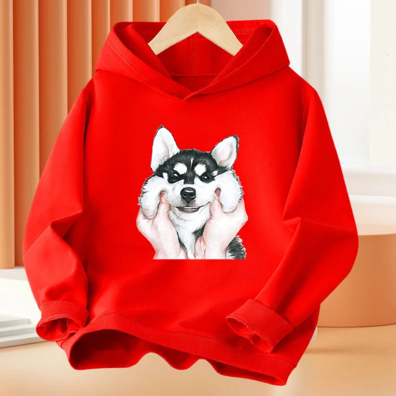 Cute Animal Husky Dog Printing Hoodie Kids Loose Clothing Autumn Thin Pullover Sweatshirt Fashion Sportswear