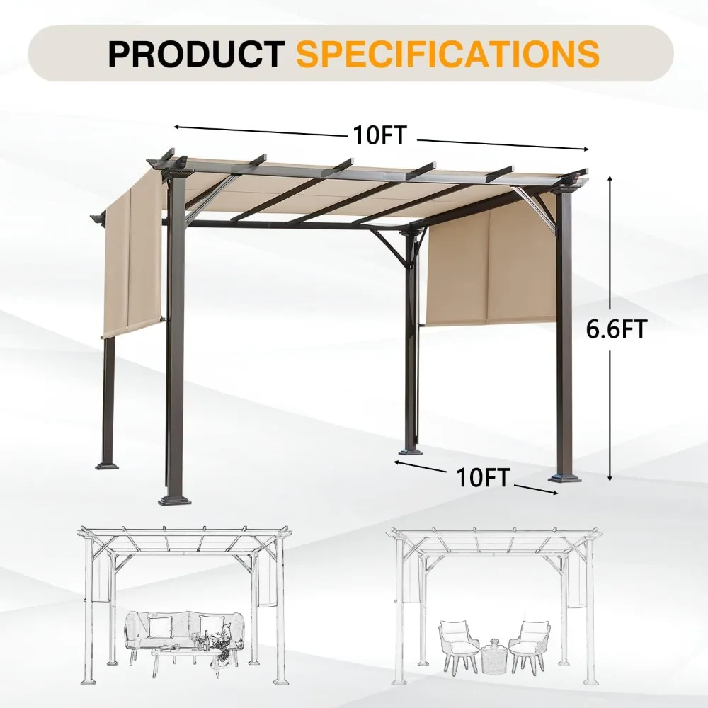 10' x 10' Outdoor Pergola with Sun Shade Canopy on Top and Sides, Aluminum Frame, Modern Patio Pavilion Grill Gazebo with