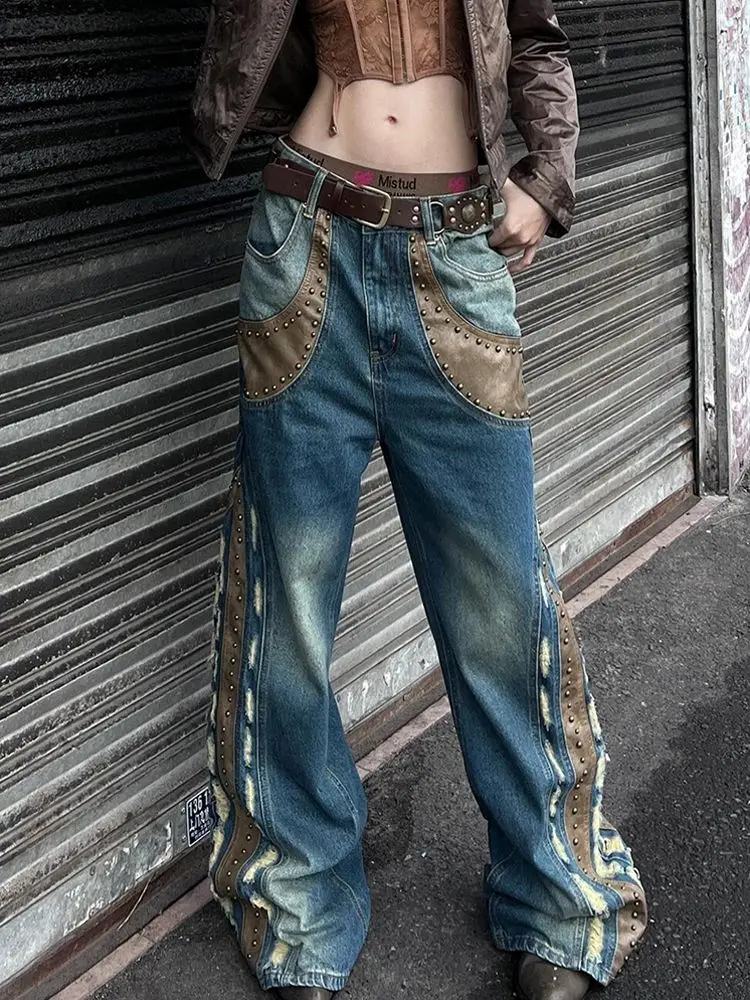 

American Large-Size Heavy Industry Beaded Leather Jeans For Women Spring Hot Girls Street Design Floor Wide-Leg Pants