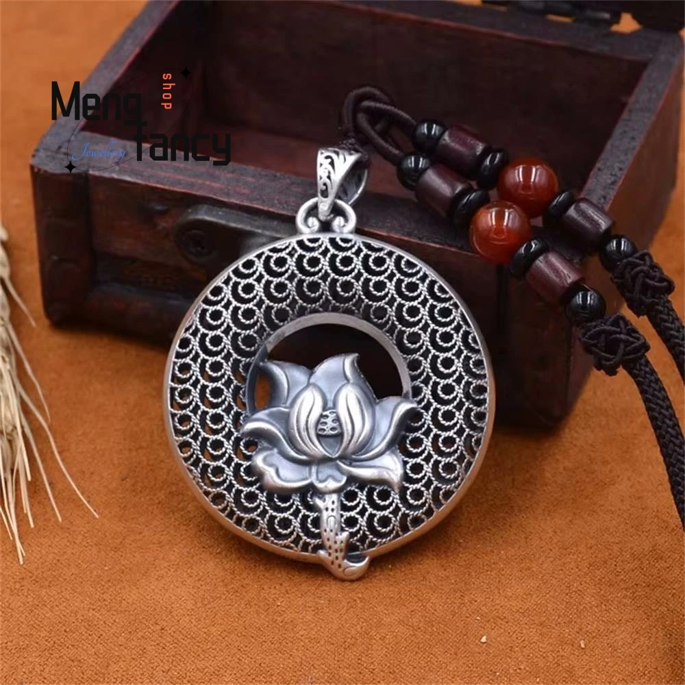 

Vintage Filigree Hollow Lotus Peace Button 999 Sterling Silver Pendant Exquisite High-grade Elegant Fashion Jewelry Holiday Gift