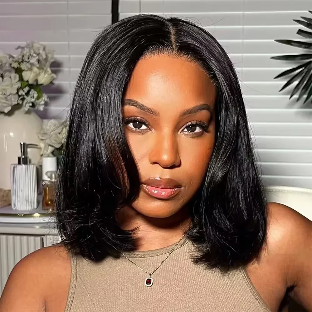 

13x4 Straight Lace Frontal Bob Wig Pre Plucked 5x5 Human Hair Wigs Brazilian Remy Bone Straight Short Bob Wig For Women 14 Inch