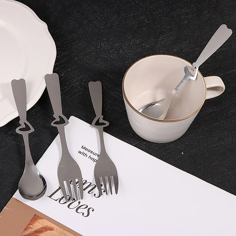 4Pcs Stainless Steel Coffee Stirring Spoon Fork Dessert Ice Cream Fork Scoop Heart-shaped Tableware Kitchen Accessories