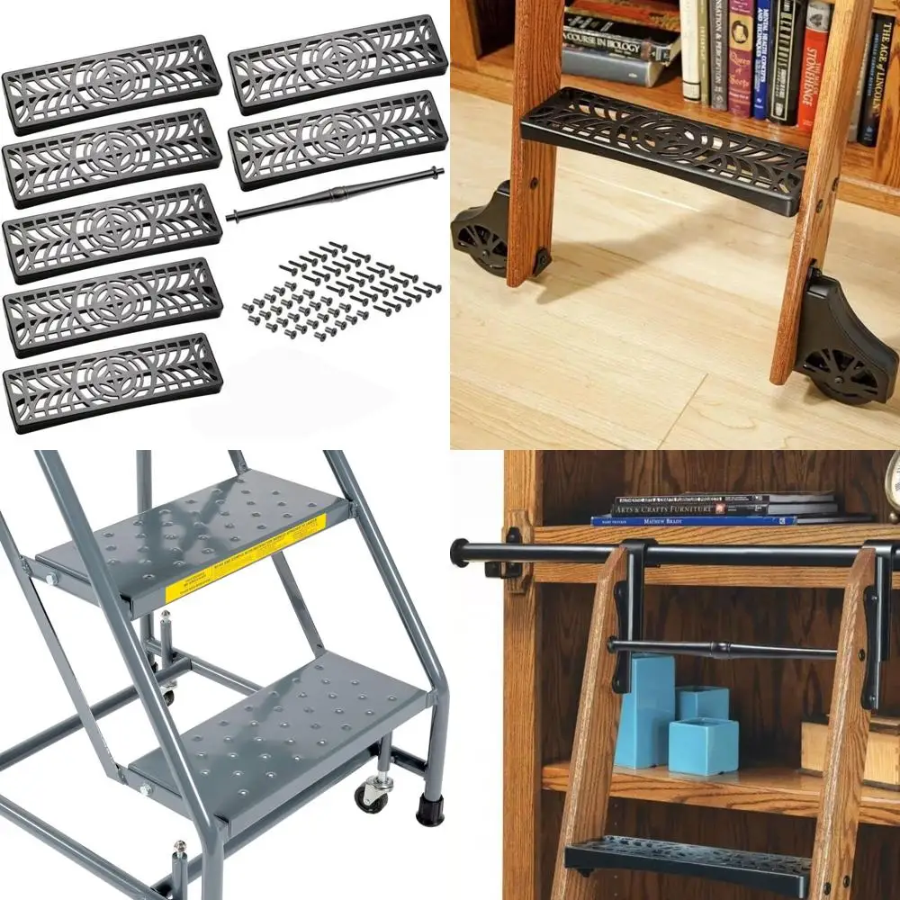 7-Step Vintage-Style Library Rolling Ladder with Black Cast Aluminum Hardware Kit