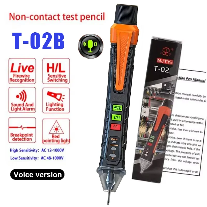 NJTY T02A Spannungsdetektor, elektrischer Stift, AC-Spannungsprüfer, intelligenter Haltepunkt-Finder, 12–1000 V, berührungslos, T02B, Sprachübertragung