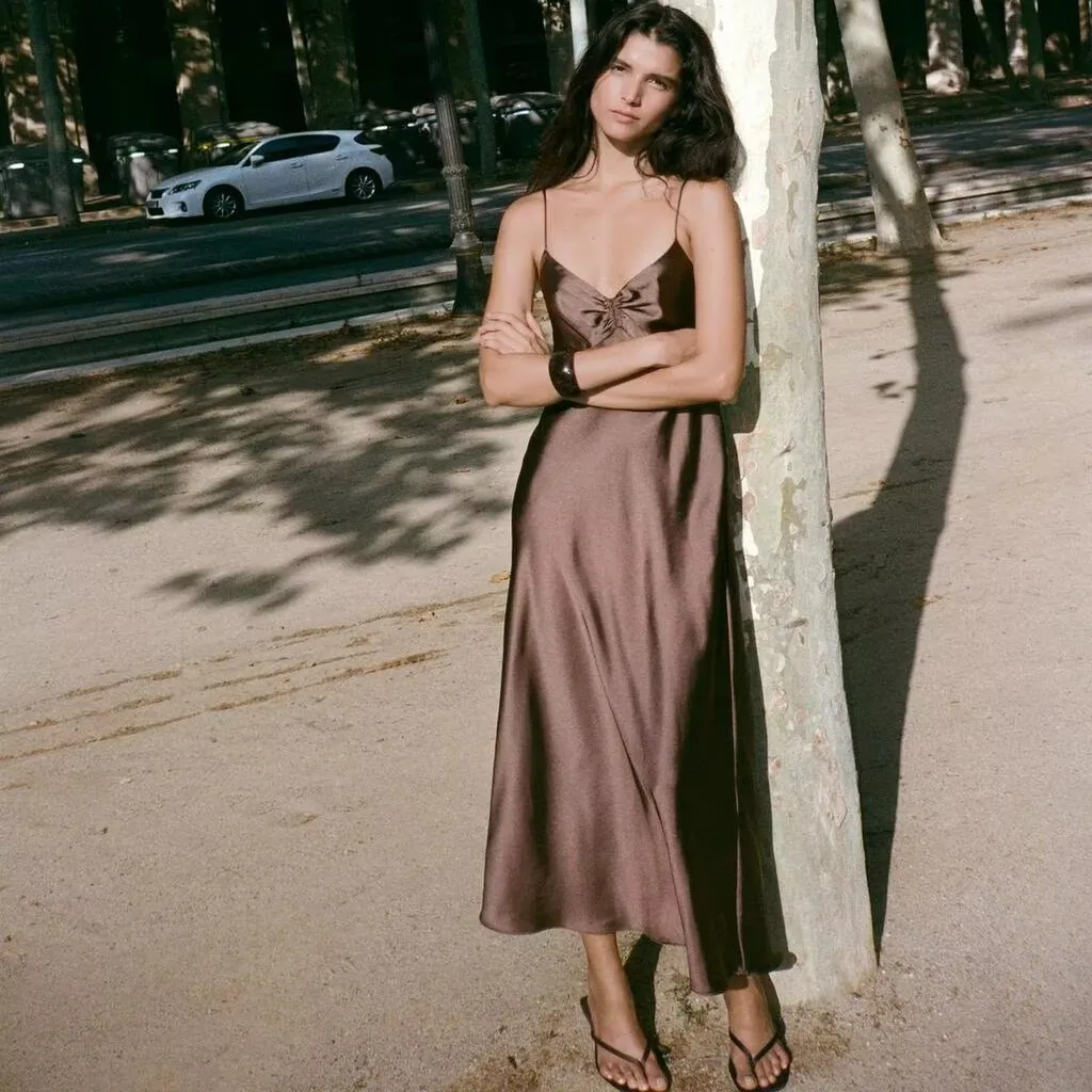 ZBZR Fashionable Silk Satin Texture Midi Dress Women's Autumn New Style City Commute Scenarios Sleeveless Gauze Dress