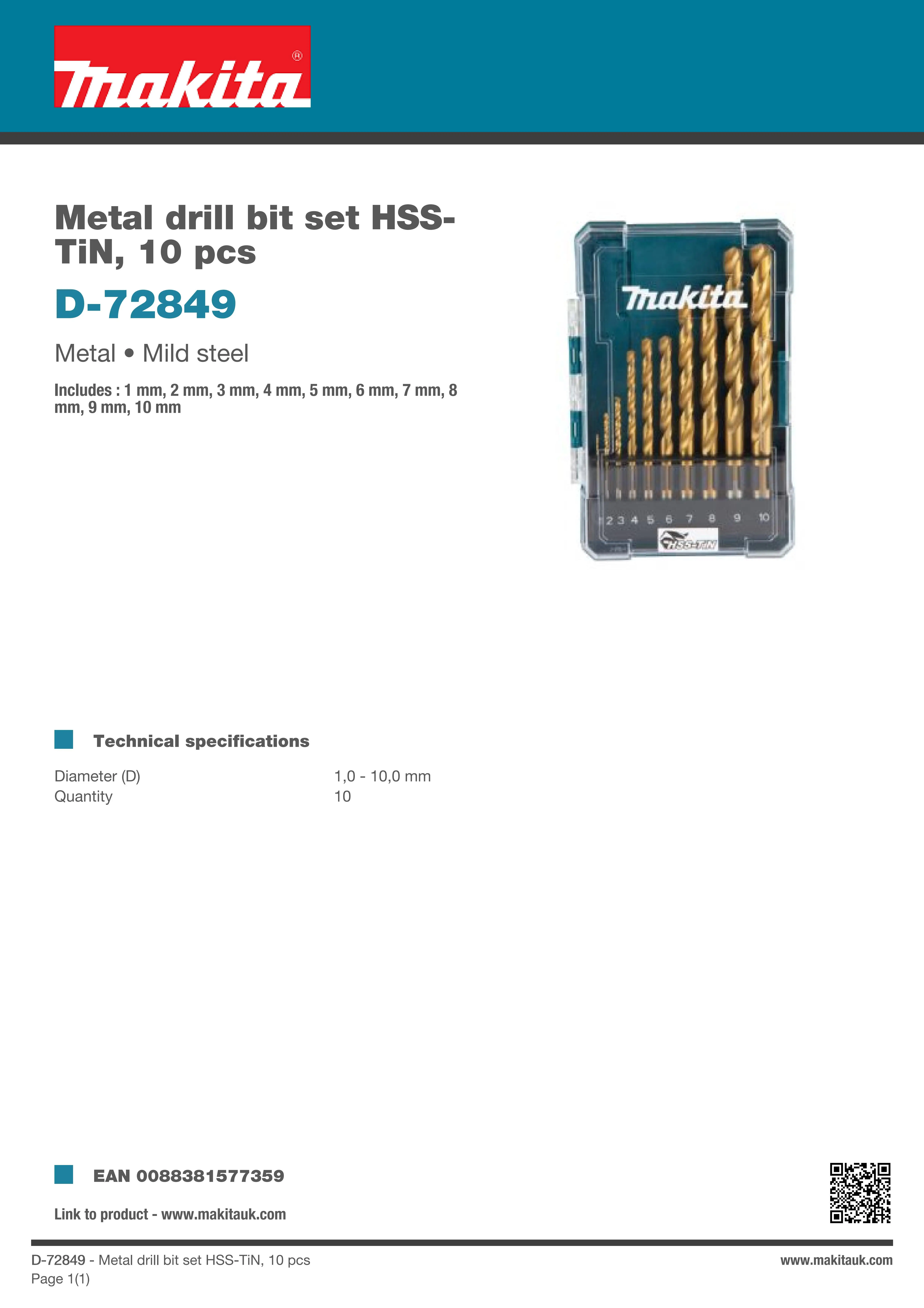 Makita D-72849 Drill Bit Set Hss-Tin 10 Pcs Power Tool Accessories