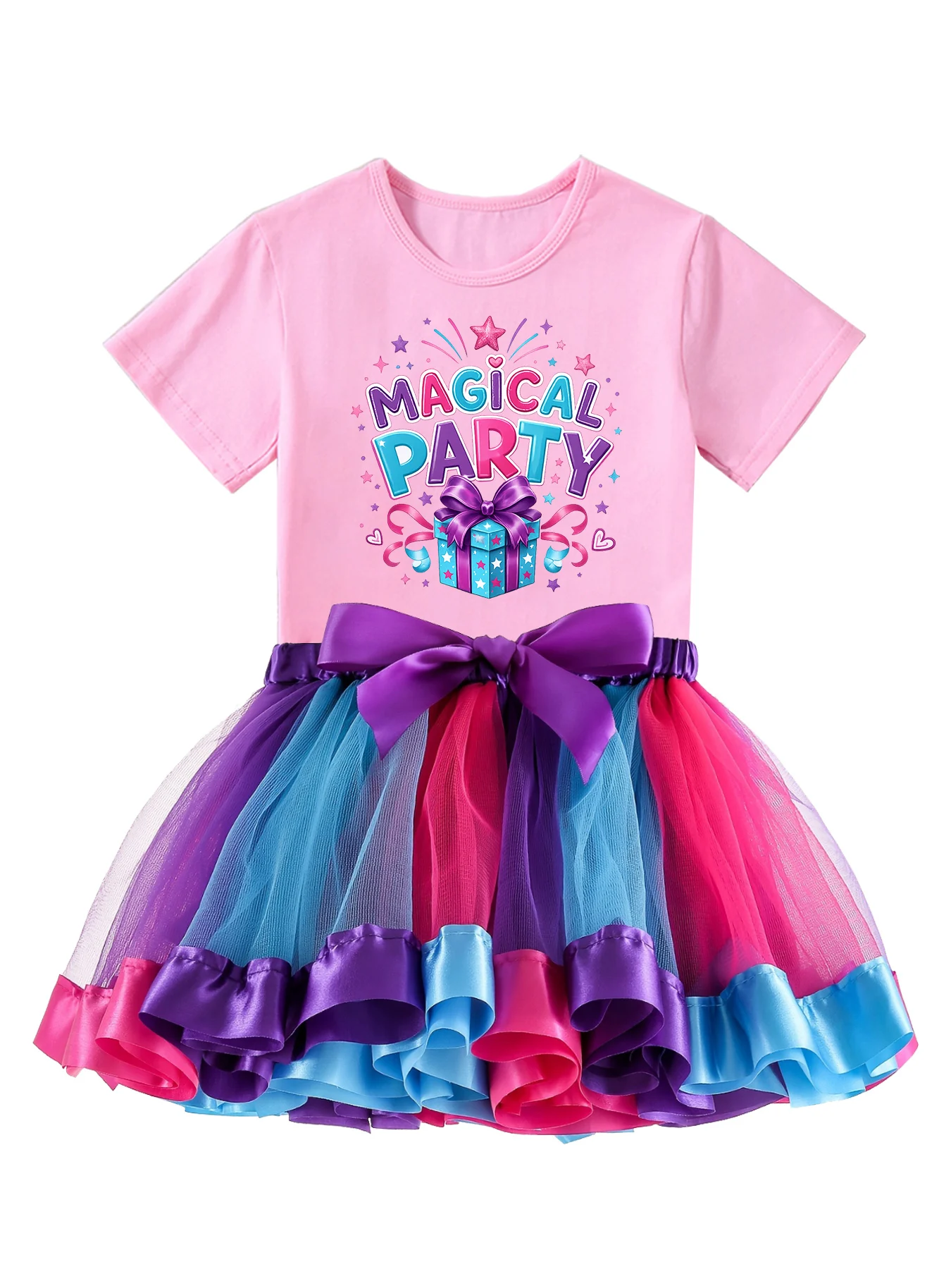 Girls Magical Party Outfit Set Pink Short Sleeve T-Shirt Colorful Tutu Skirt With Big Bow Kids Birthday Cake Photo Costume Girl