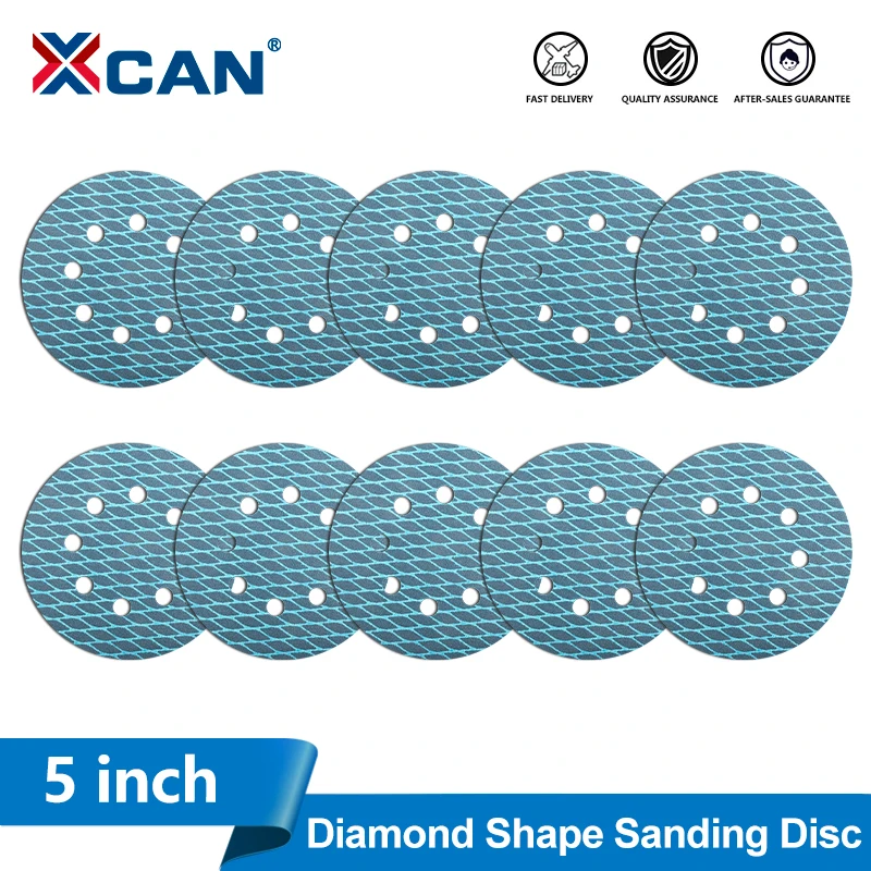 XCAN 10pcs 5 inch Diamond-Shaped Sanding Discs 8-Hole Hook and Loop Sandpapers 60-400 Grit for Orbital and Random Orbital Sander