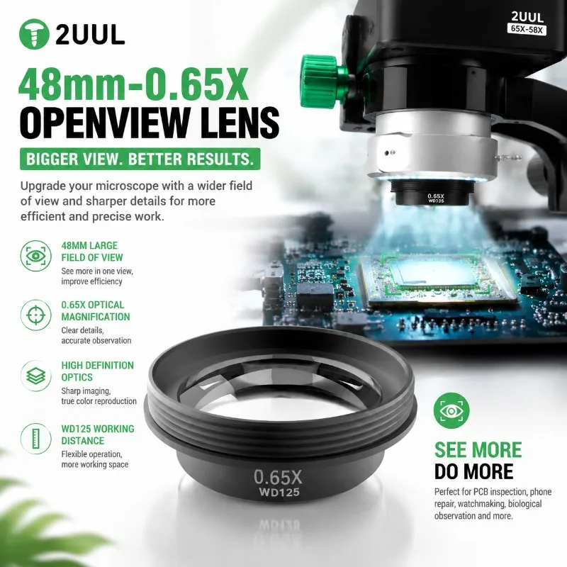 2UUL MS06 OpenView 48mm 0.65X Microscope Barlow Objective Lens WD125 for Phone Repair PCB Soldering Inspection