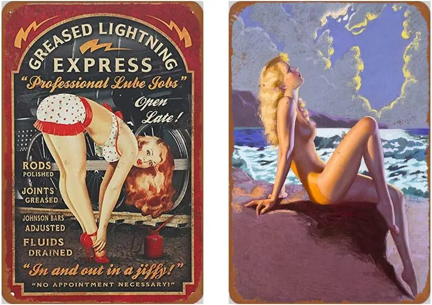 Dmxplus Metal Sign Set of 2 Tin Signs 8 x 12inches - Beach Sexy Pinup Girl Vintage Look Wall Decoration Bar Cafe Home Decor sign