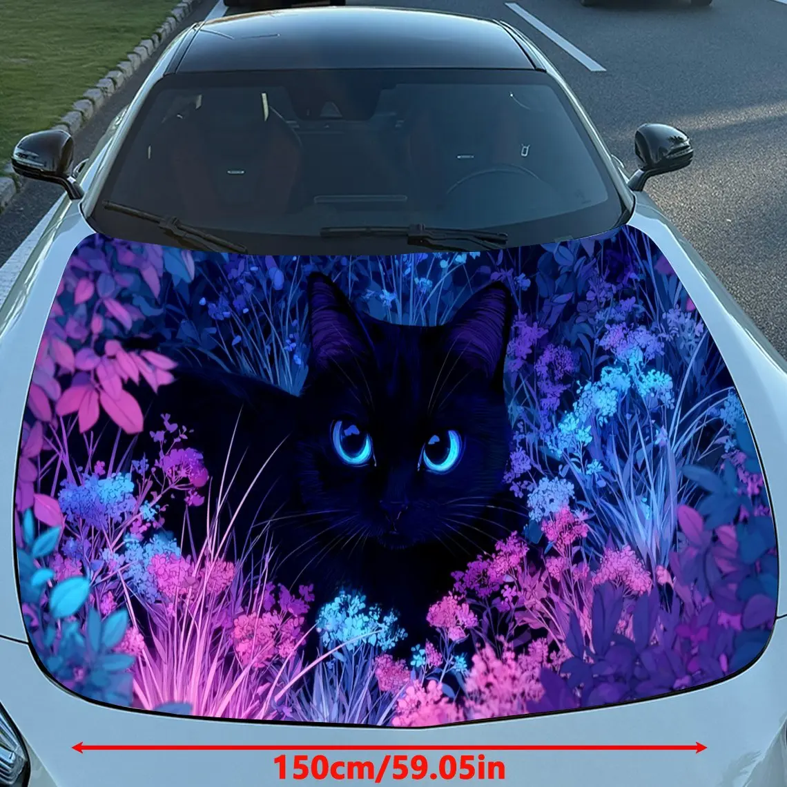 Neon Flower Field Black Cat Car Vinyl Wrap, PVC Material Waterproof Car Hood Sticker, Self-Adhesive Scratch-Resistant Stickers f