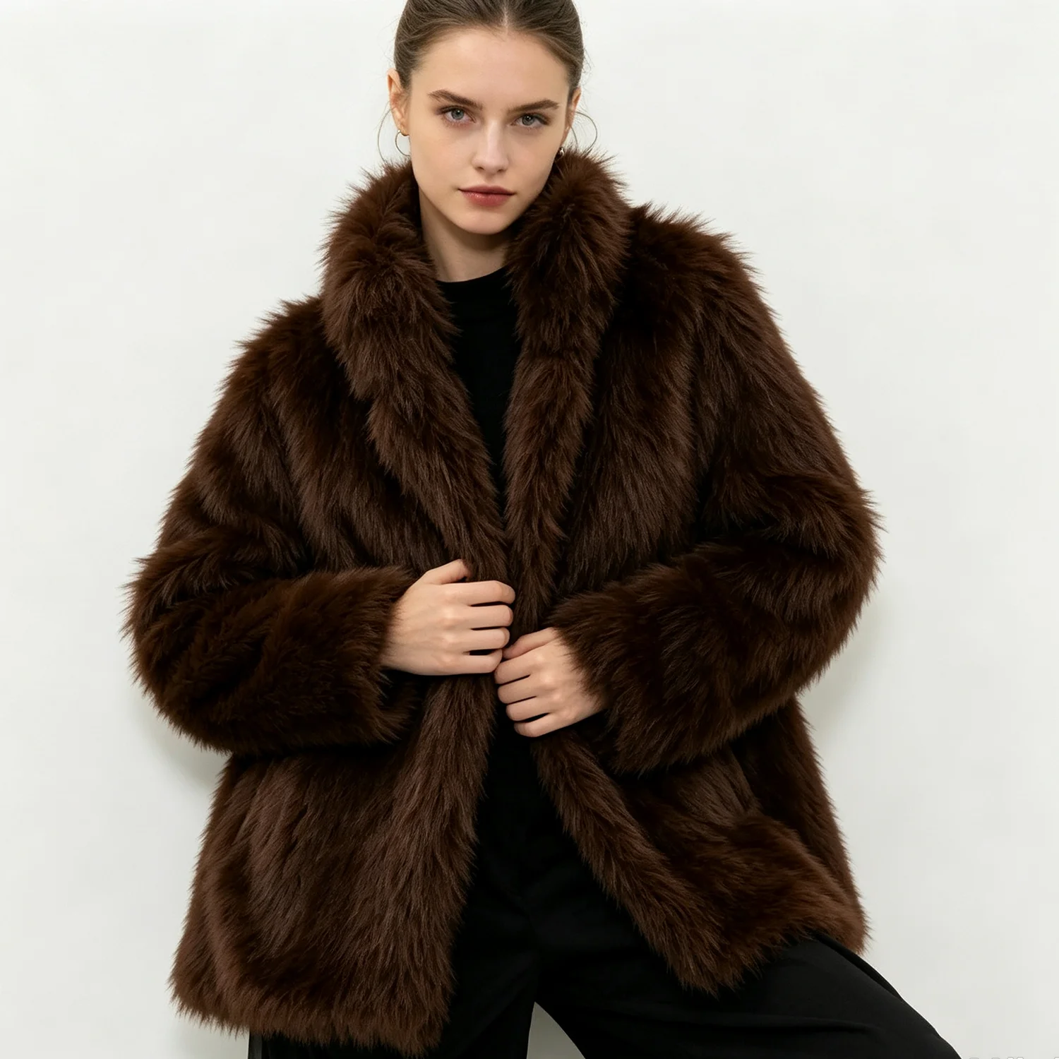 PUAL  Women High Collar Faux Fur Coat Loose Long Sleeve Thick Warm Mid‑Length Winter Fashion Outerwear