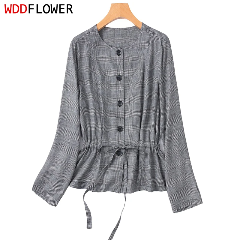 

Women Long Sleeve Shirt 70% Natural Silk 30% Cotton Spun Silk Black Checks Buttons Down Women Top Blouse Office Work L XL M1571