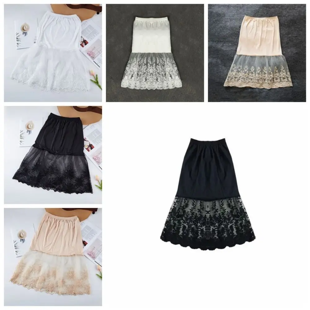 Slip Rok Dalam Berenda Motif Bunga 70cm Anti-silau Jaring Rok Dalam Gaun Cheongsam Pinggang Tinggi Rok Pengaman Petticoat Wanita