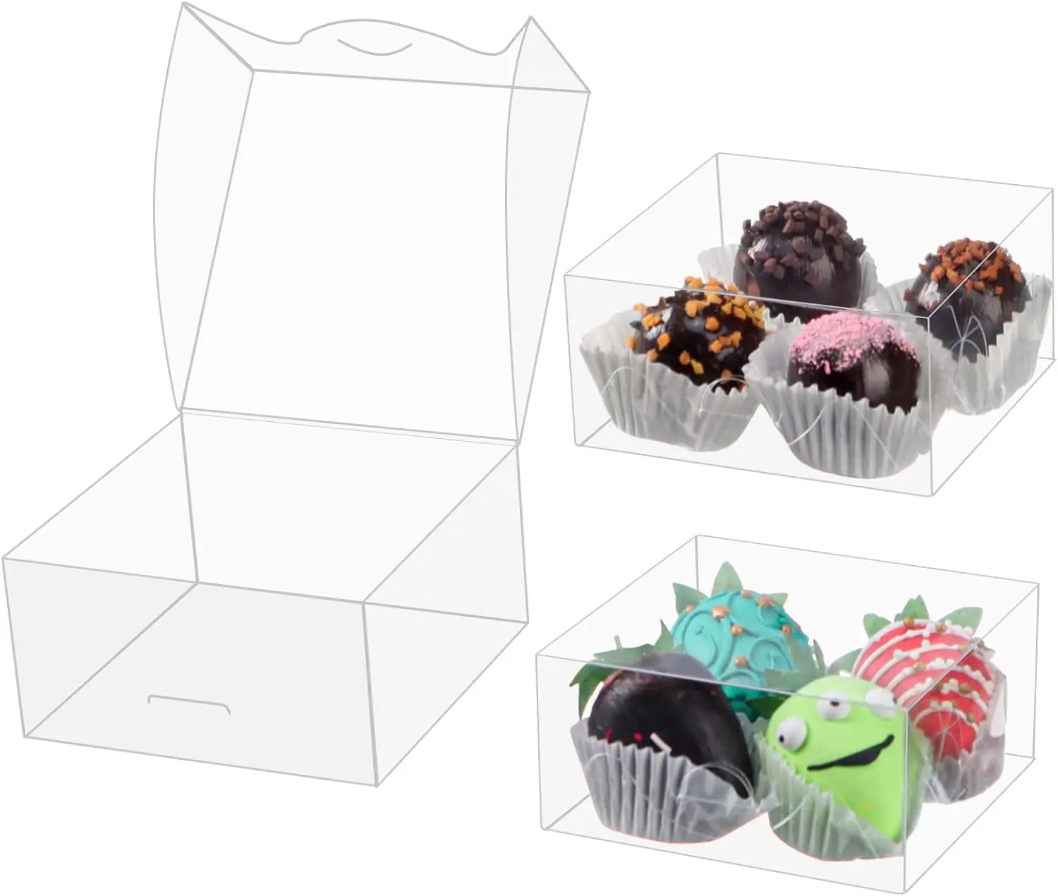 

100pcs Clear Pastry Gift Boxes 4x4x2 Inch for Bakery, Cookies, Soap, Donuts, Chocolate Strawberries & Party Favors