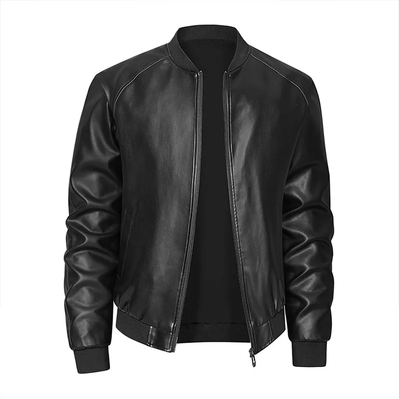 KIDWHXR Men Leather Jacket Thicken Fleece Windproof Waterproof Man Outerwear Punk Stand Collar Long Sleeve Zipper Male Coat