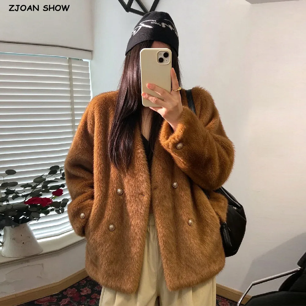 High Quality Winter Women Hairy Caramel V Neck Faux Fur Coat Double-breasted Buttons Loose Warm Shaggy Jacket Oversize Outerwear