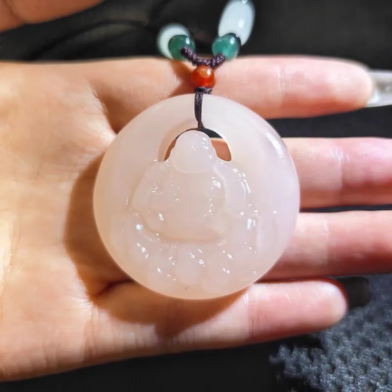Natural Afghan Hetian Replacement for Lotus Pink Auspicious Cloud Lock Guanyin Buddha Jade Pendant with Double-Sided Hollow