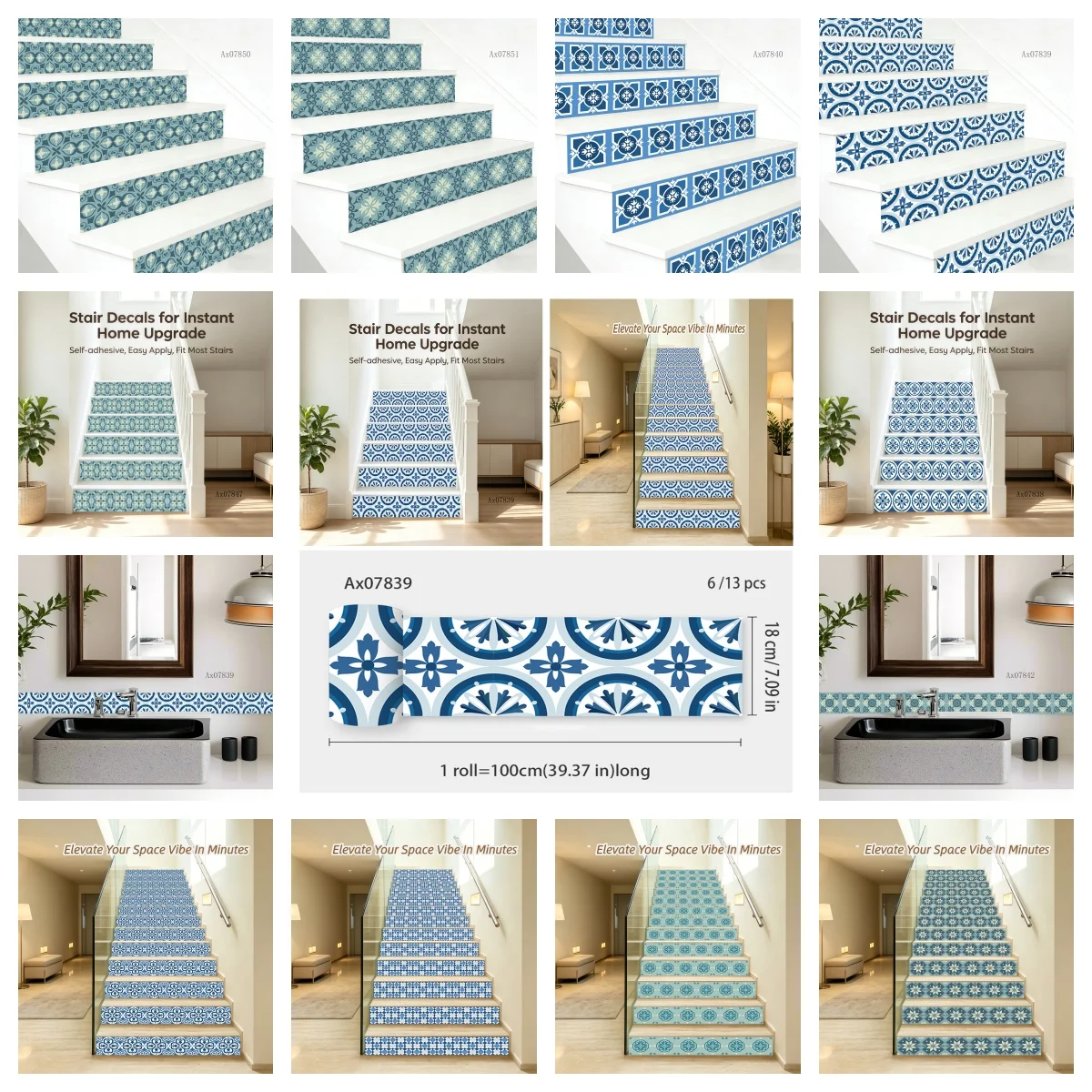 Blue‑Green Mediterranean Tile Stair Riser Stickers Self‑Adhesive Kitchen Backsplash & Bathroom cabinets Wall Border Decor