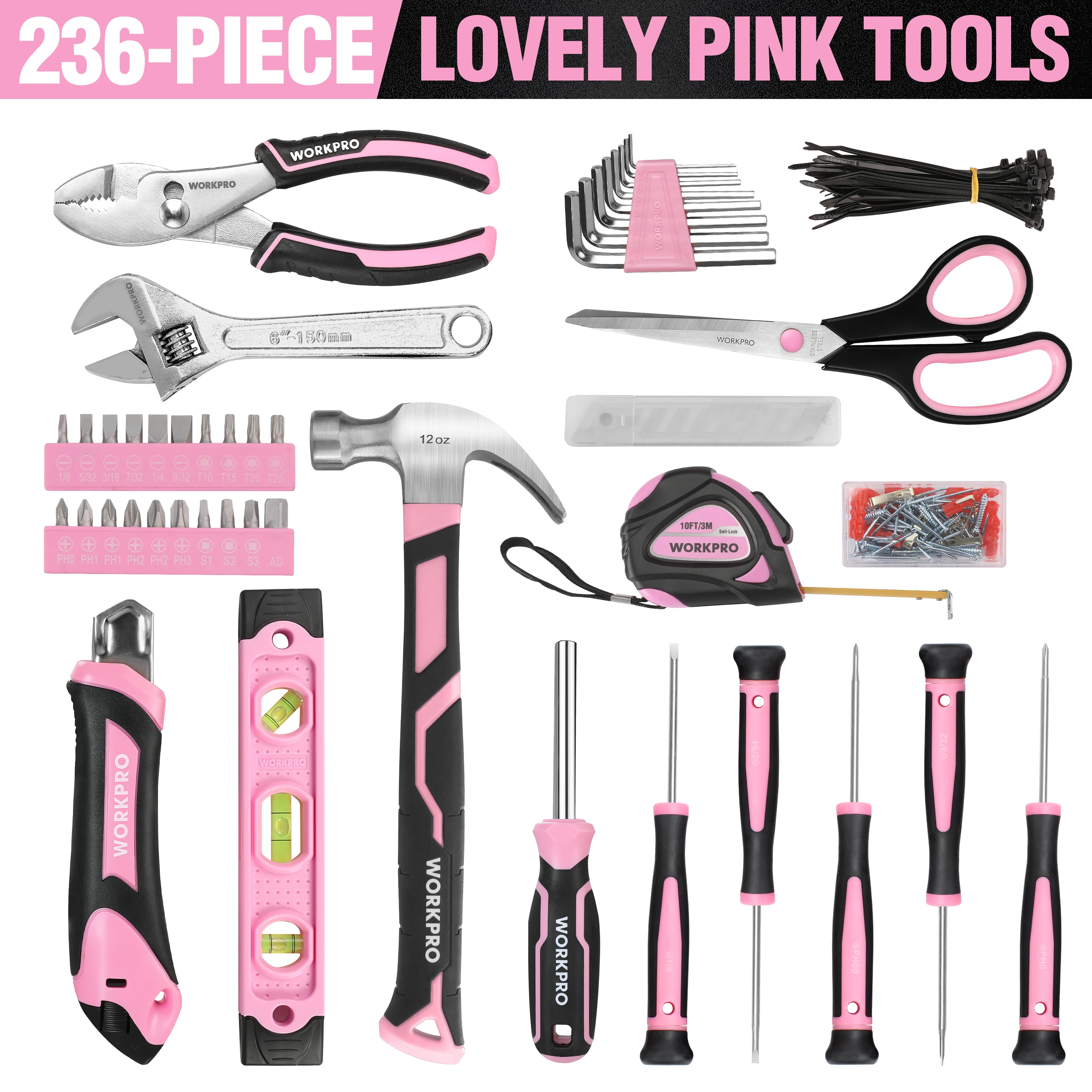 

WORKPRO 235 Pieces Pink Tool Set with Easy Carrying Round Pouch Household Tool Kit Perfect for DIY Home Mainte