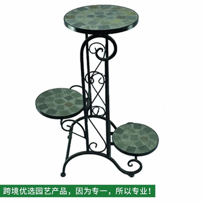 European blue rolled iron decorative three-layer ladder mosaic wrought iron flower stand indoor and outdoor balcony garden decor