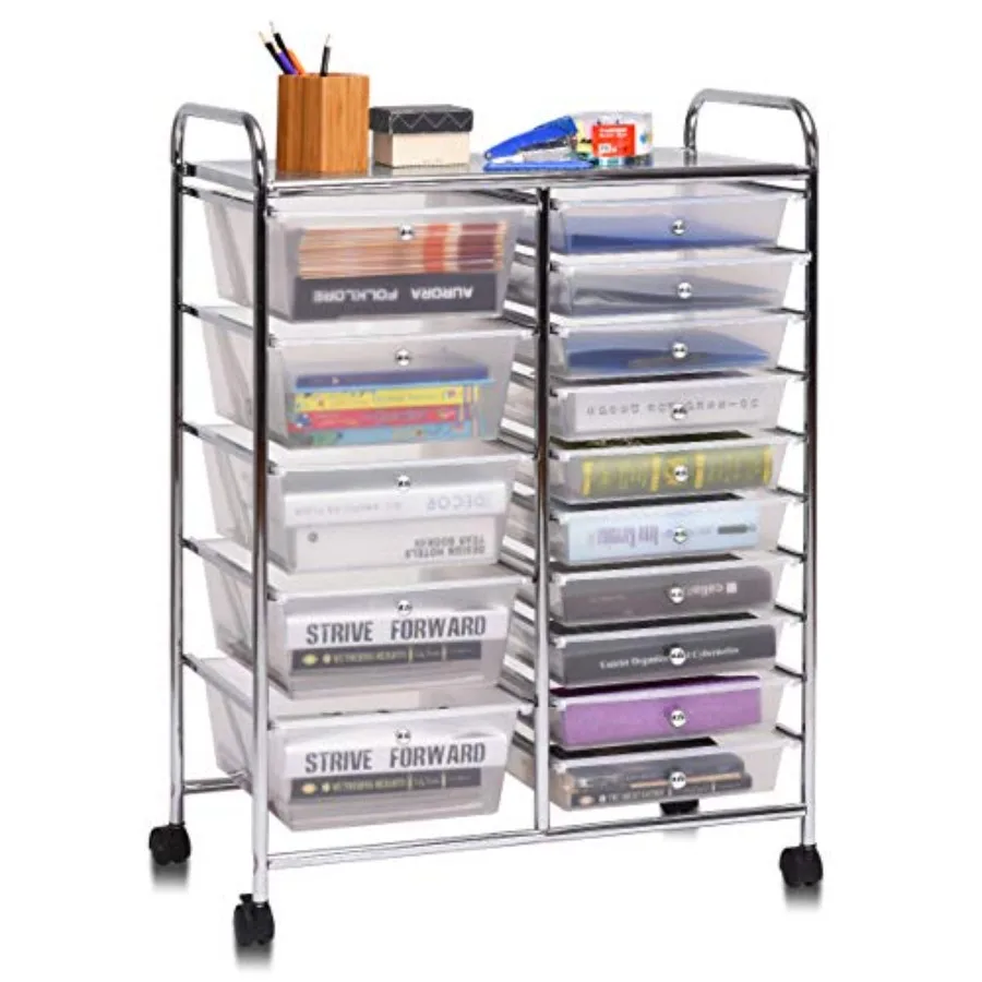 

15 Drawer Rolling Storage Cart for Tools Scrapbook Paper Office School Organizer in Clear with Smooth Wheels and Durable Plasti