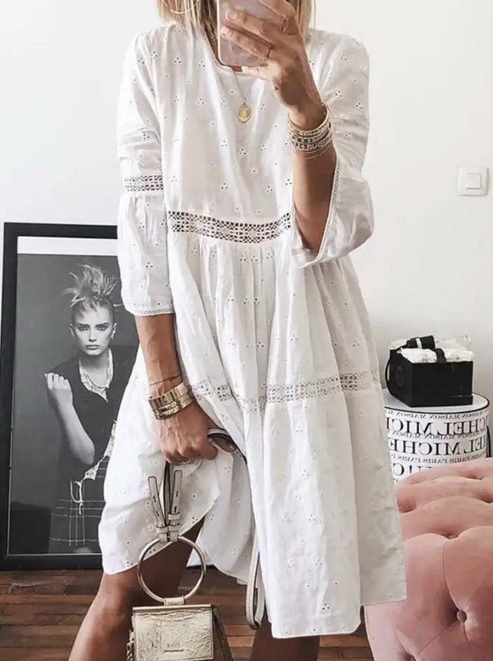 

New Fashion Lace Splicing Hollow Embroidery Short Sleeve Round Neck Loose Dress For Women,4 Colors