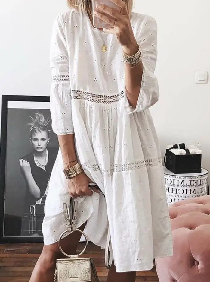 New Fashion Lace Splicing Hollow Embroidery Short Sleeve Round Neck Loose Dress For Women,4 Colors