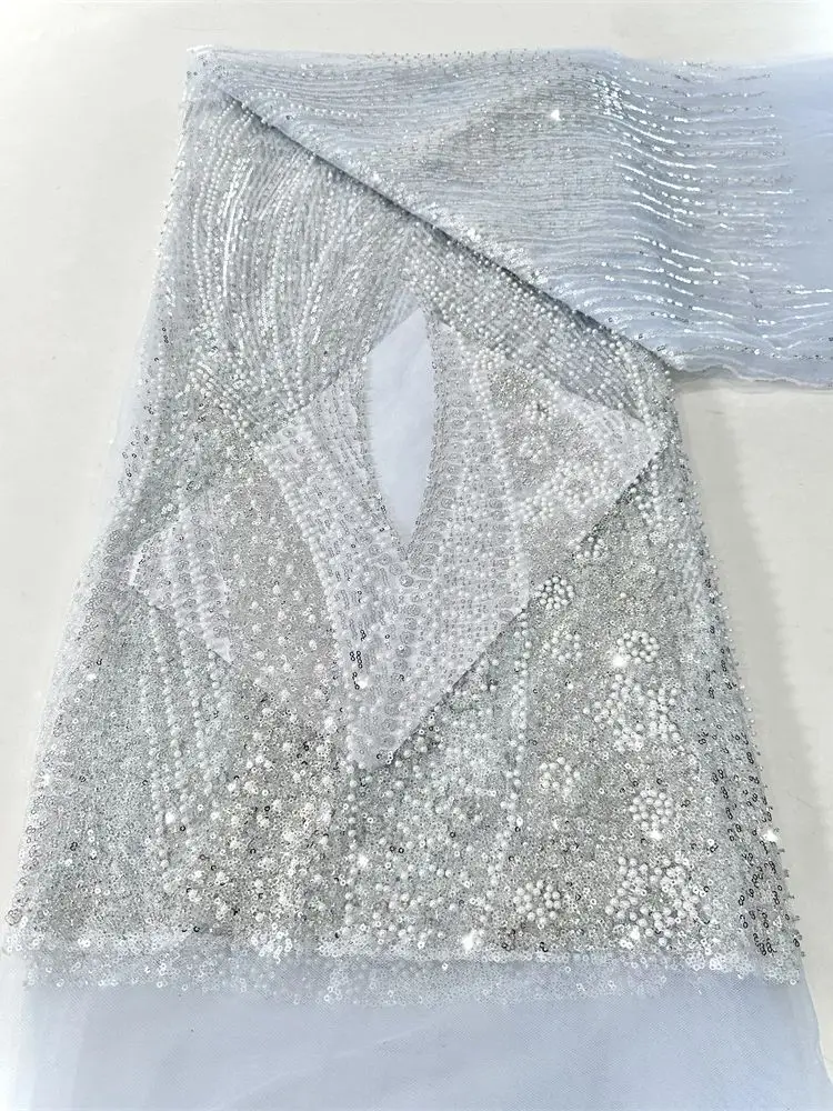 

Nigerian Handmade Beads Tulle Lace Fabrie 2025 African Luxury GroomSequins Lace Fabrie For Bride Wedding Party Dresses