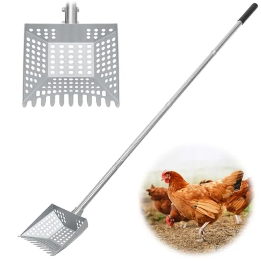 

Chicken Poop Scooper Tempered Spring Steel Sifting Shovel for Chicken Coop with 32-60" Adjustable Stainl Steel Tube Cleaning To