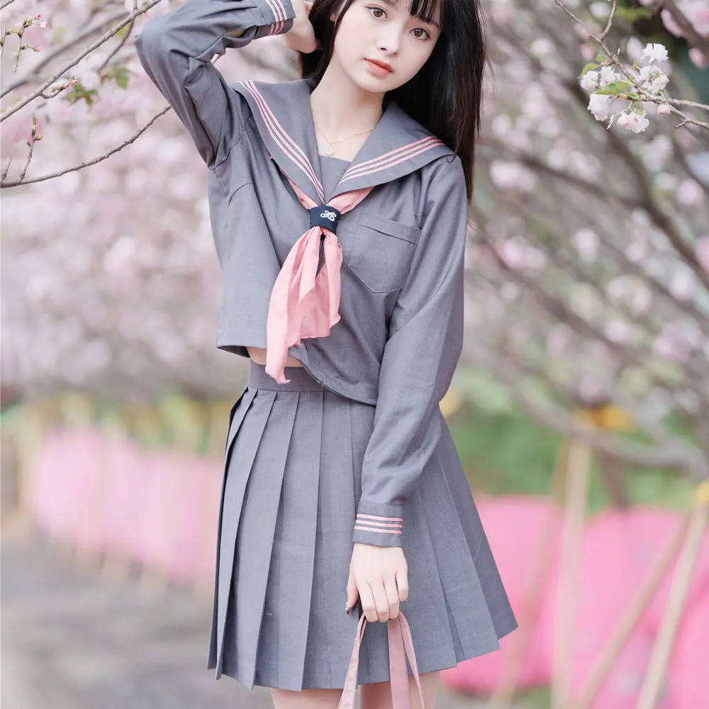 JK-uniforme de Corea del Sur para mujer, conjunto de marinero Kawaii, Falda plisada, gris y rosa, Seifuku, estudiante de secundaria, traje de marinero japonés