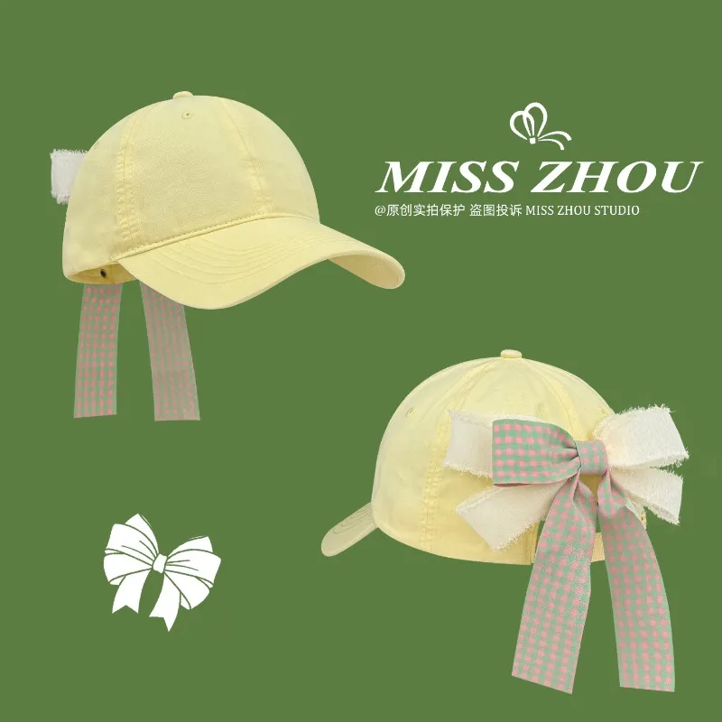 Ins Fresh Macaroon Color Sweet Lace Bow Strap Baseball Cap Y2K Spring Summer Travel Sun Protection Versatile Cute Women's Hats