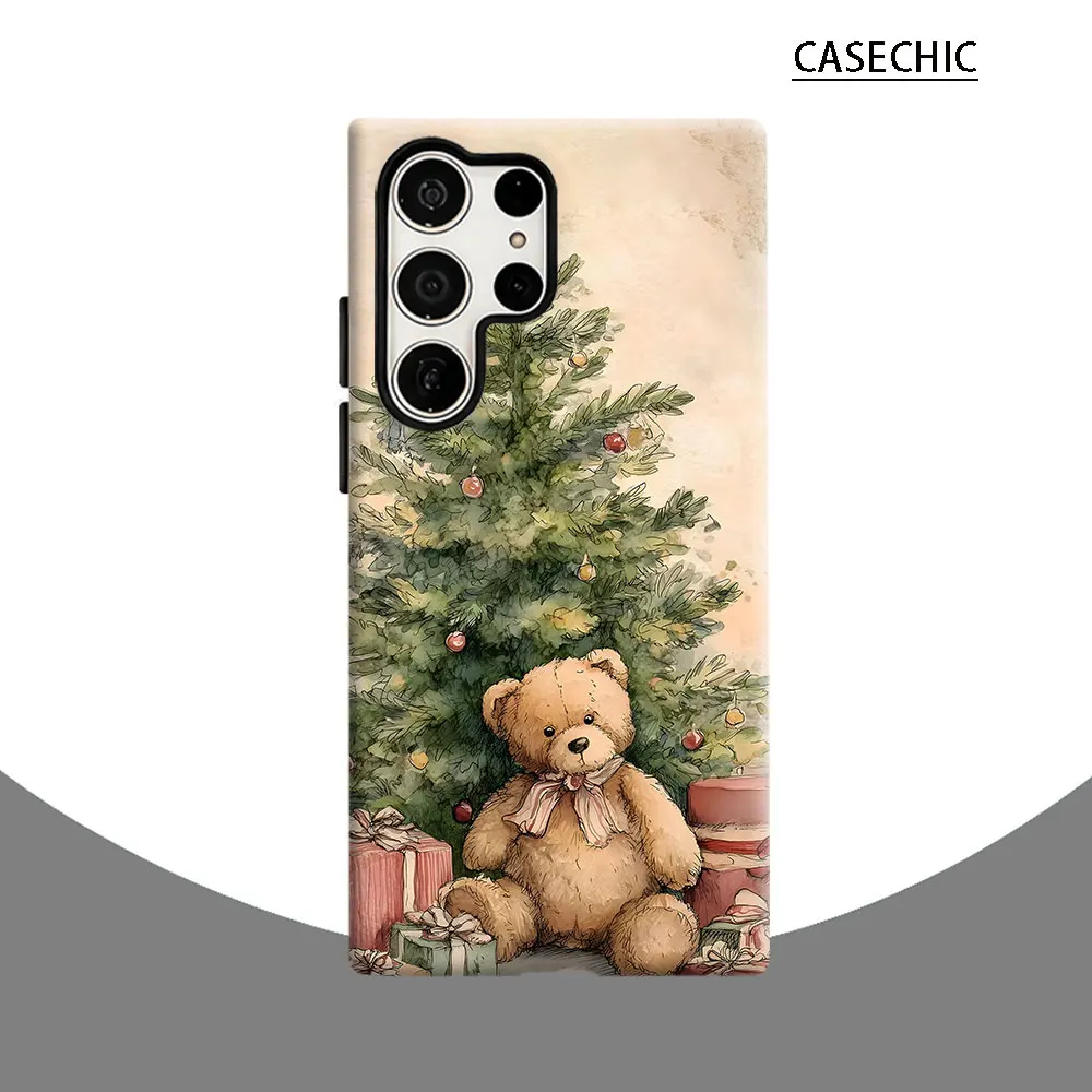 Vintage Christmas Teddy Phone Case for Samsung Galaxy S26 S25 Ultra S24 S23 Ultra Plus Shockproof Double layer tough Back Cover