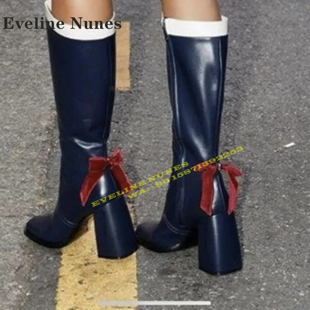 Pluto Navy Black Velvet Bow Crystal Heart Boots Square Toe Flared Heel Pull On Patchwork Internal Zip Closure Knee High Boots